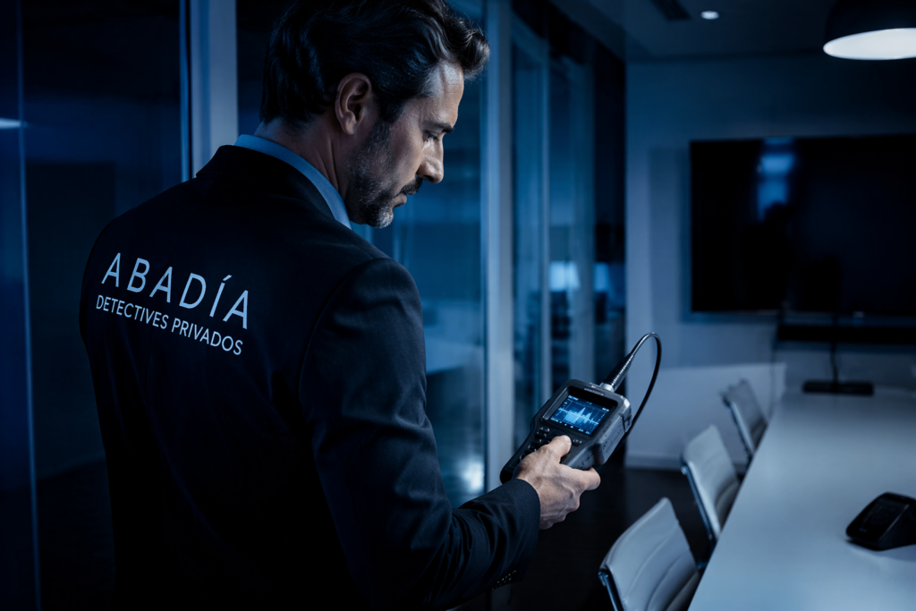 Técnico de Abadía Detectives Privados realizando un barrido electrónico TSCM en una oficina para detectar dispositivos de espionaje
