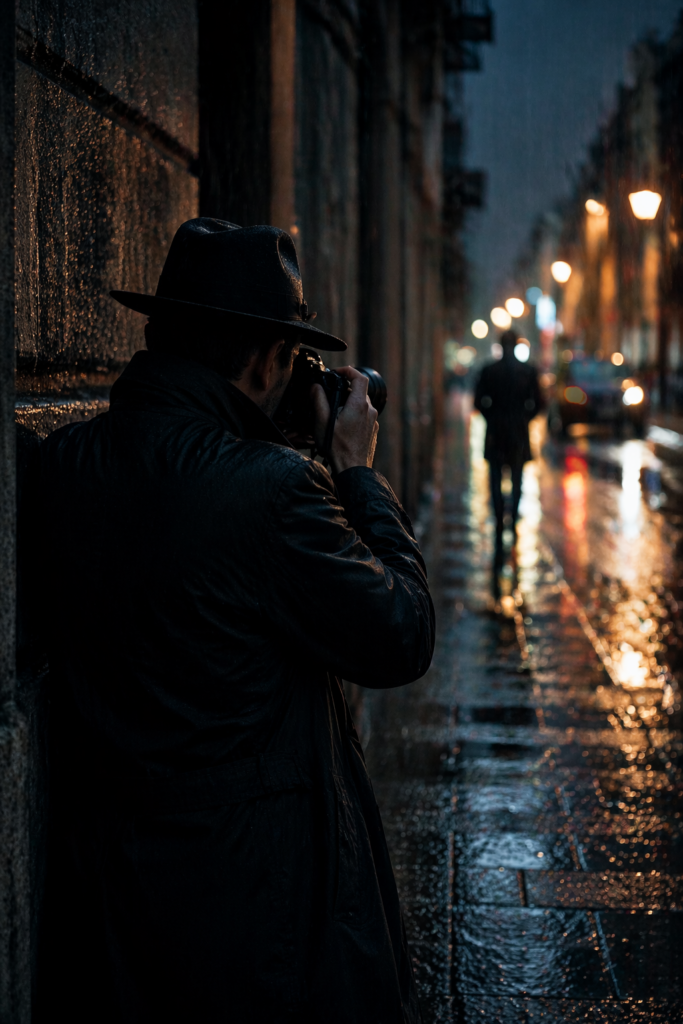 Detective privado realizando vigilancia nocturna en Madrid durante una investigación en la calle para obtener pruebas